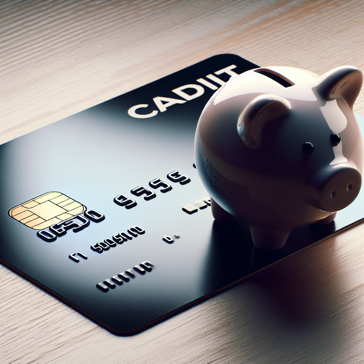 Credit card and piggy bank on a wooden table