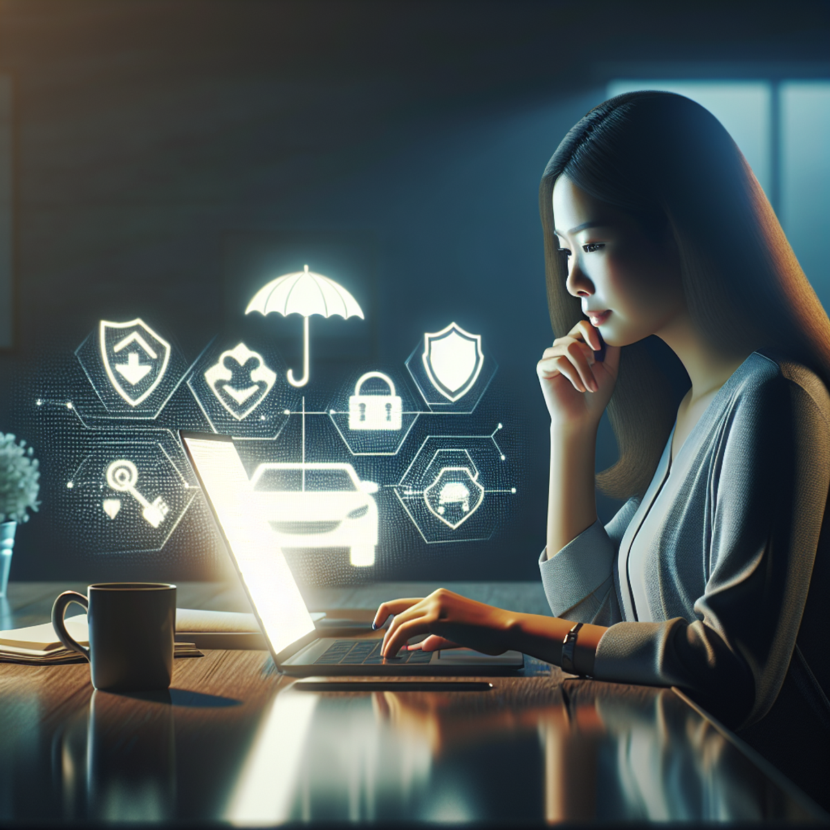A woman sitting at a desk, comparing car insurance quotes on a laptop.
