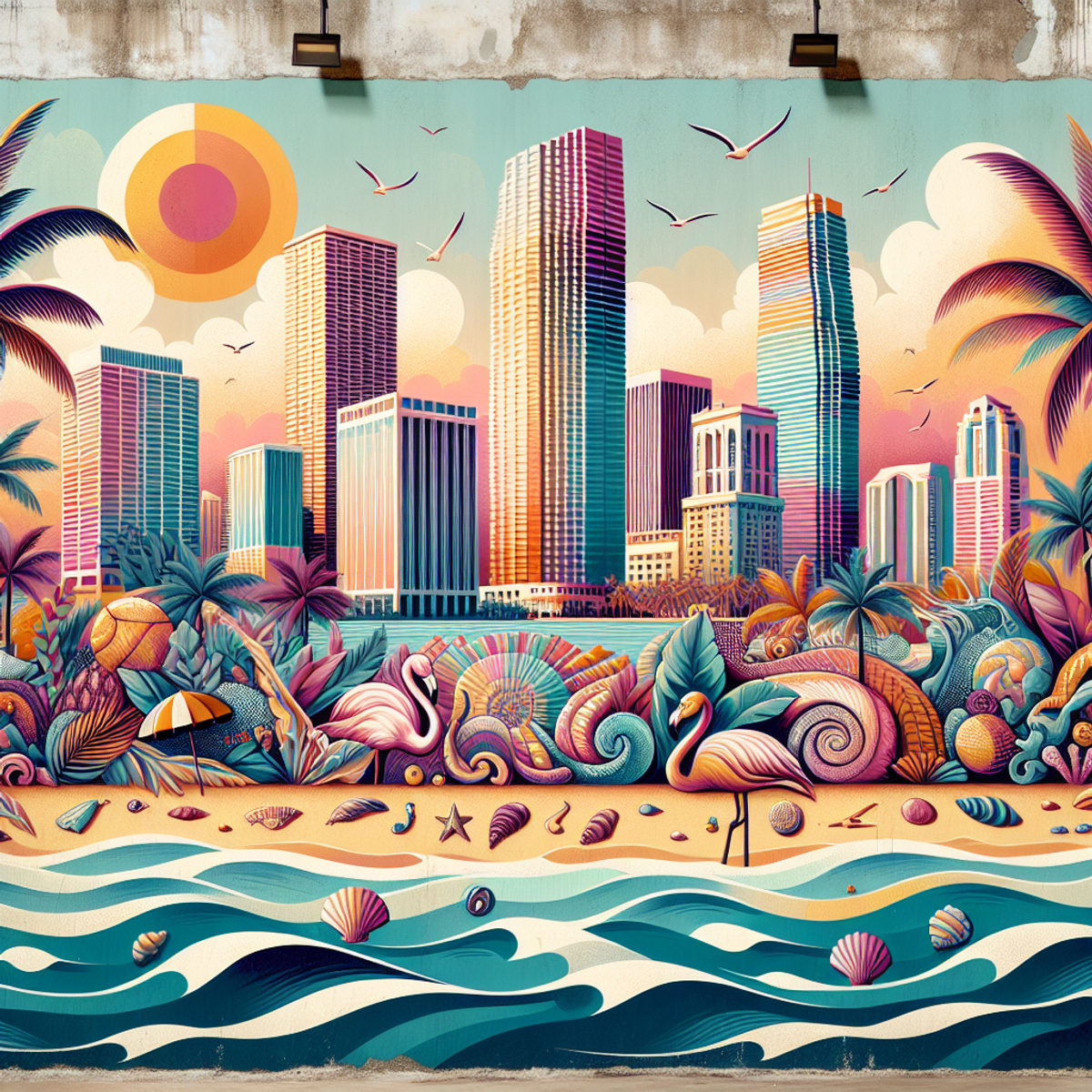 A mural of Miami's skyline with vibrant high-rise buildings, palm trees, ocean waves, sun, sea shells, and flamingos.