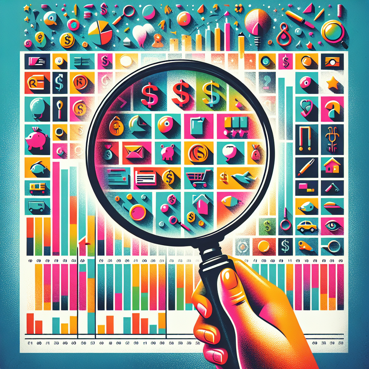 A magnifying glass hovering over a vibrant budget spreadsheet filled with colorful and diverse symbolic representations of financial elements like currency, piggy banks, shopping carts, houses, and more.