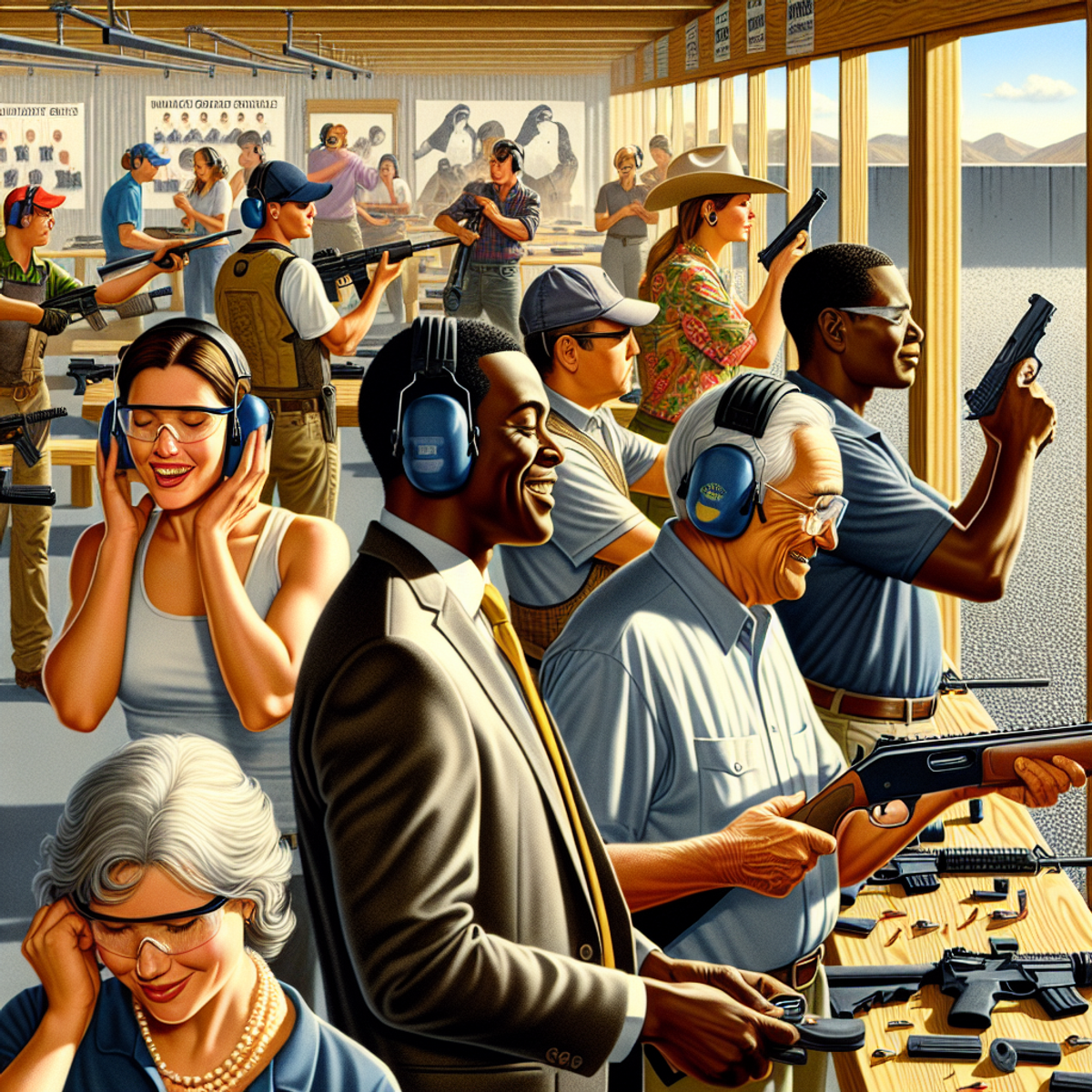 A diverse group of people at a shooting range, focusing on their firearms and engaging in conversation.