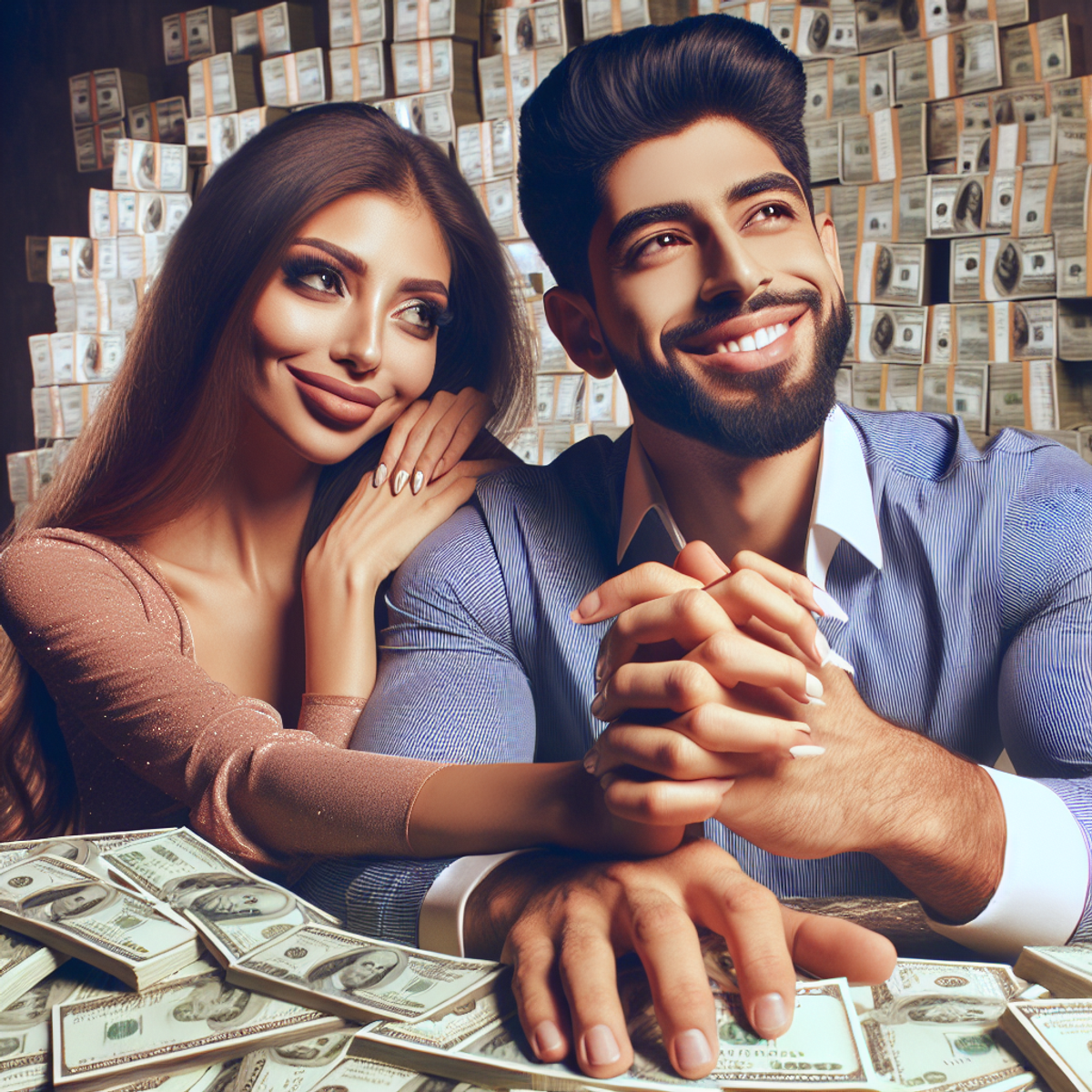 A Hispanic woman and a Middle Eastern man holding hands surrounded by stacks of cash symbolizing affluence and prosperity.