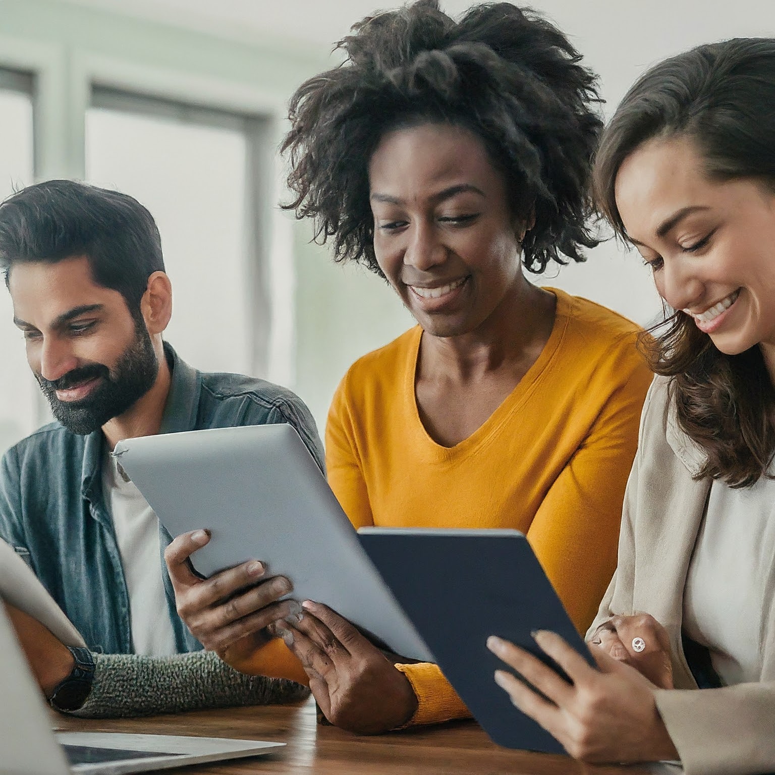 Three women and a man sitting at a table with laptops.