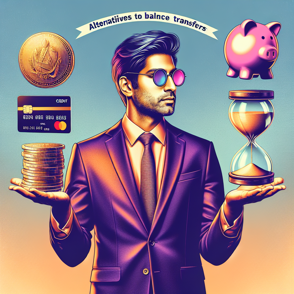 A South Asian man in business attire confidently juggles a gold coin, credit card, piggy bank, and hourglass to symbolize financial options.