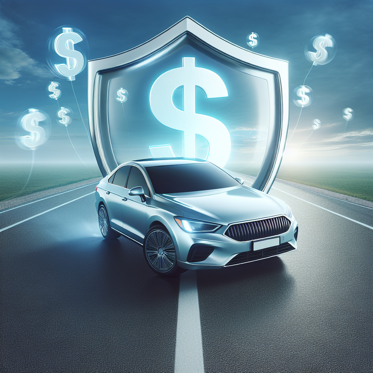 Silver car cruising on open road with protective shield and dollar sign symbols.