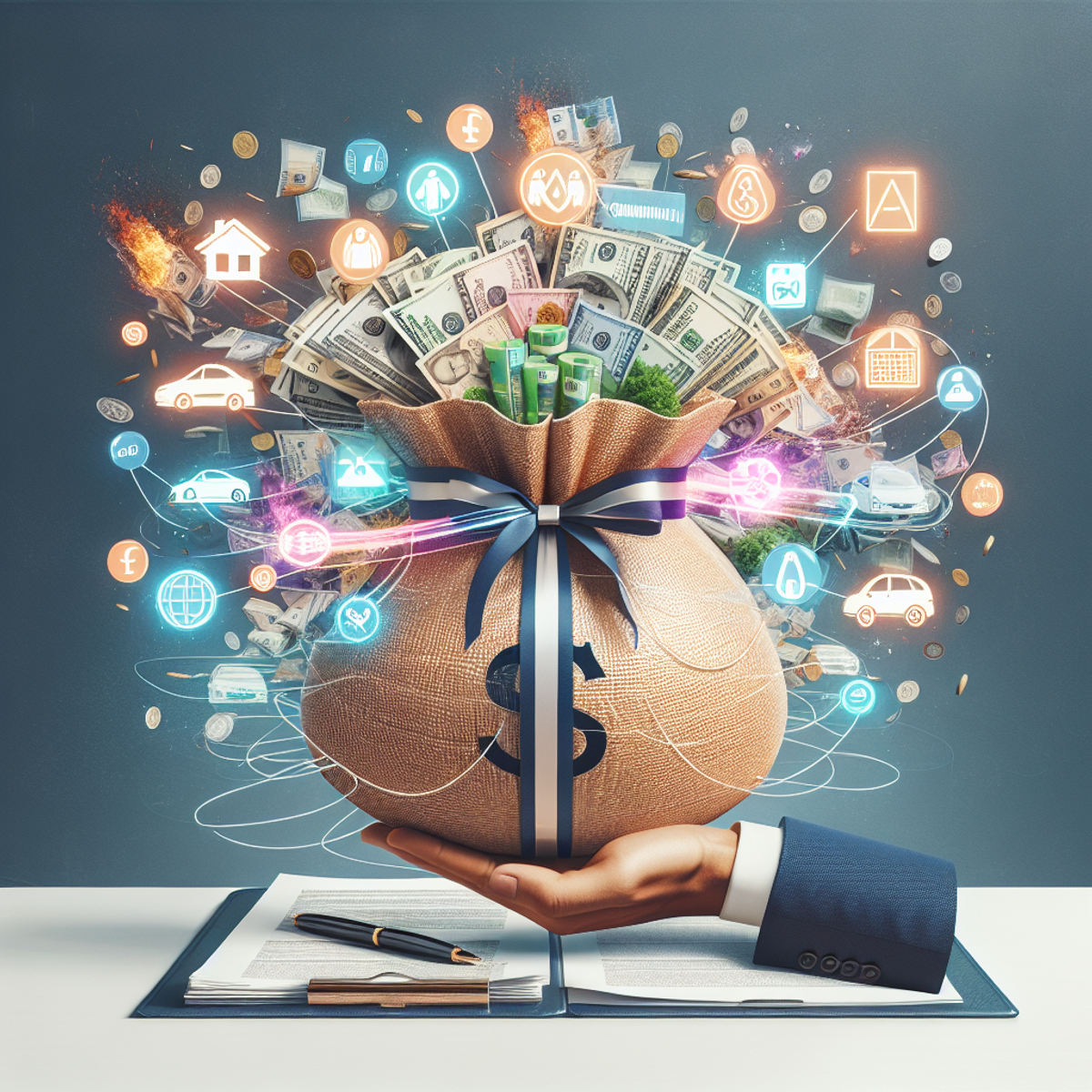 A vibrant image with a big bundle of diverse currency bills tied with a fancy ribbon, and an iconographic representation of various types of insurance policies such as a miniature house, car, life vest, and health cross.