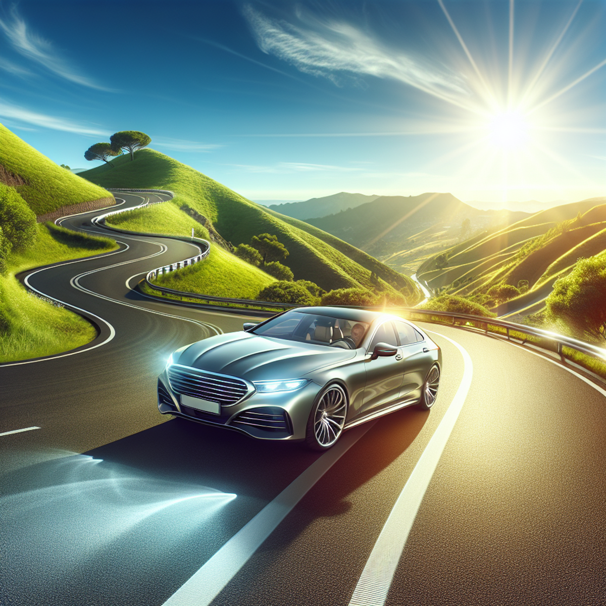 A sleek car driving smoothly on a curvy hillside road with lush green hills, a bright blue sky, and sunlight casting reflections.