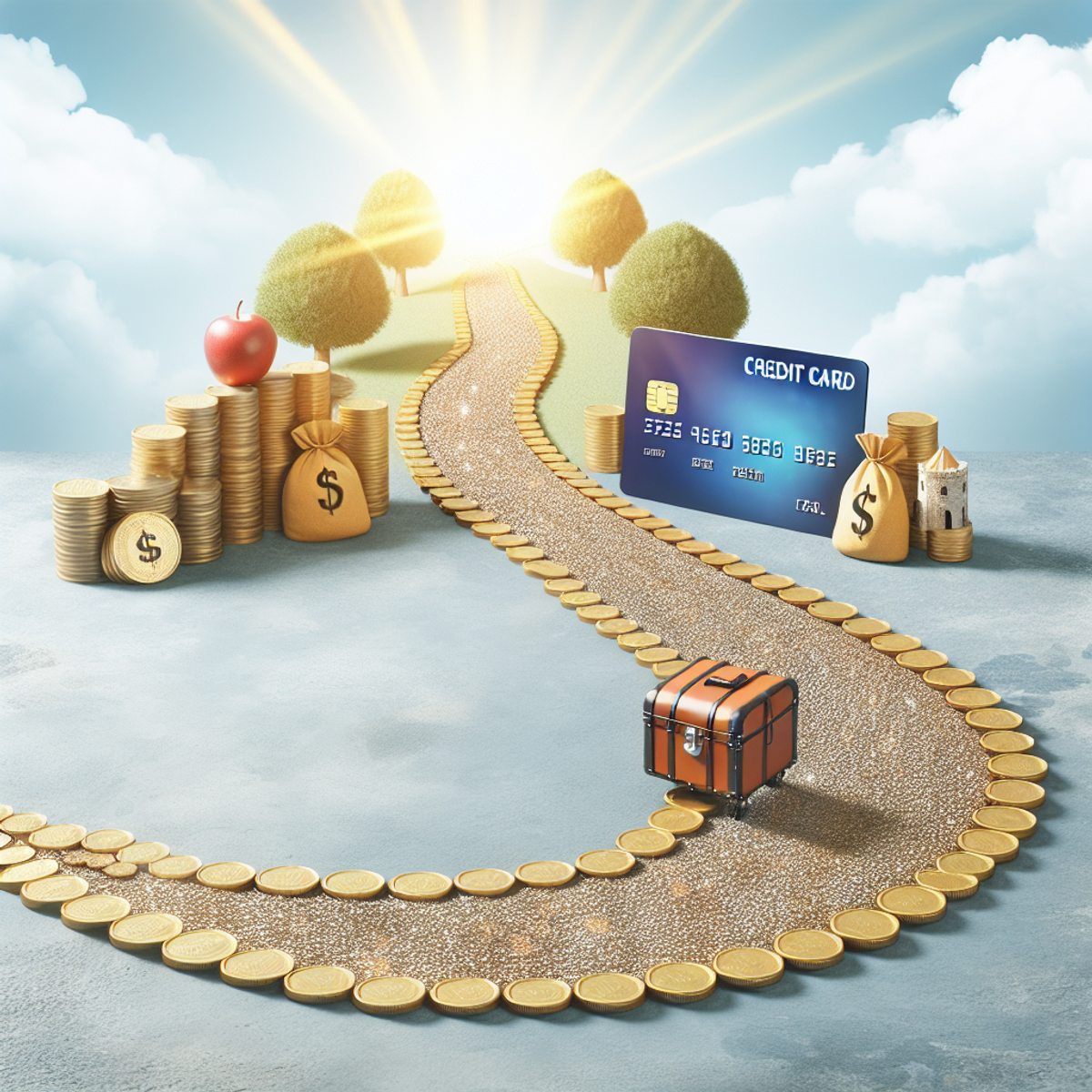 A credit card on a pathway of coins, leading towards a chest of gold with bright sunlight shining on the destination.