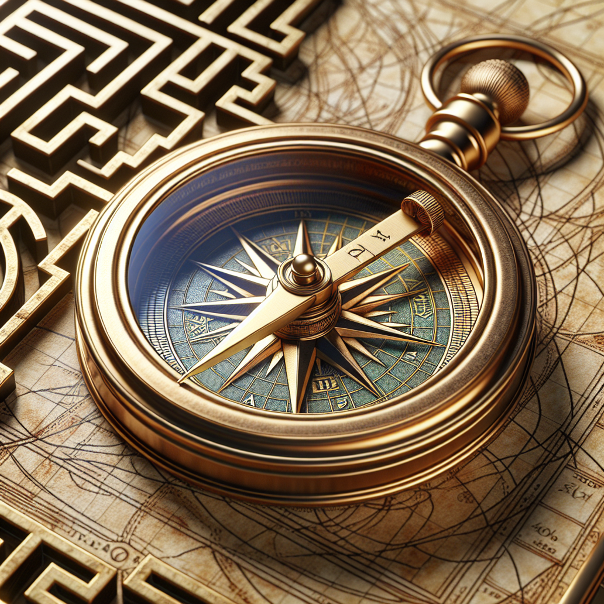 A shiny brass compass on a parchment maze map with a highlighted path.