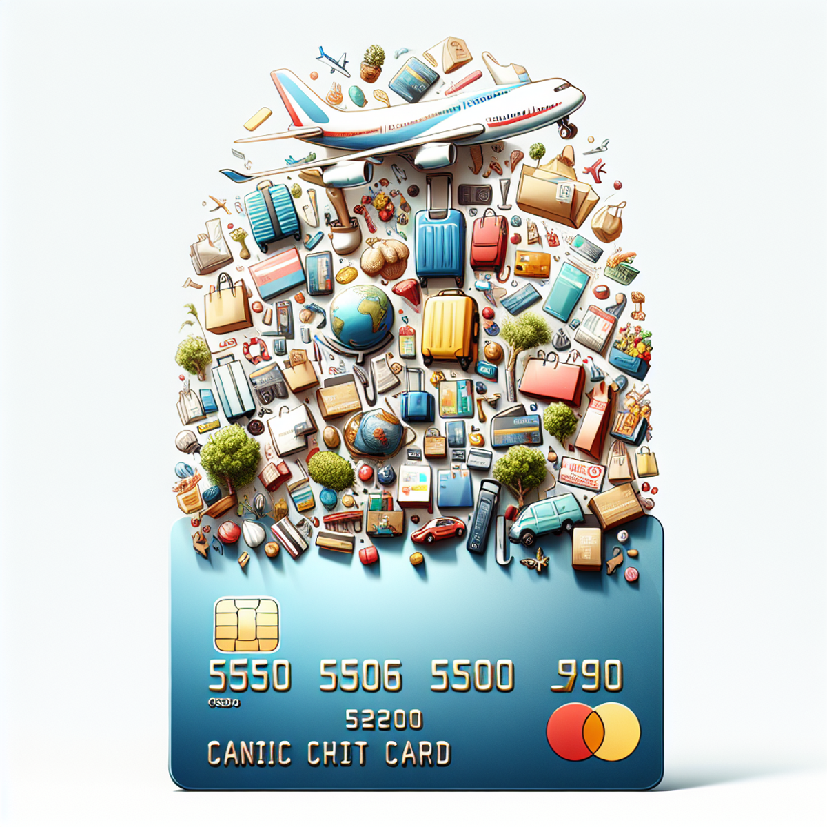 A credit card surrounded by travel, shopping, and food-related rewards.