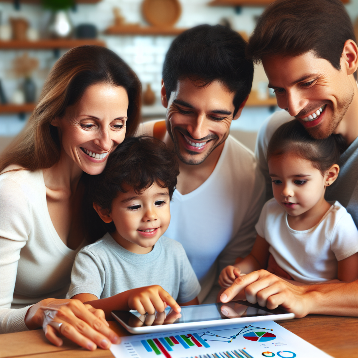 A diverse family happily engaged in financial planning on a digital tablet.