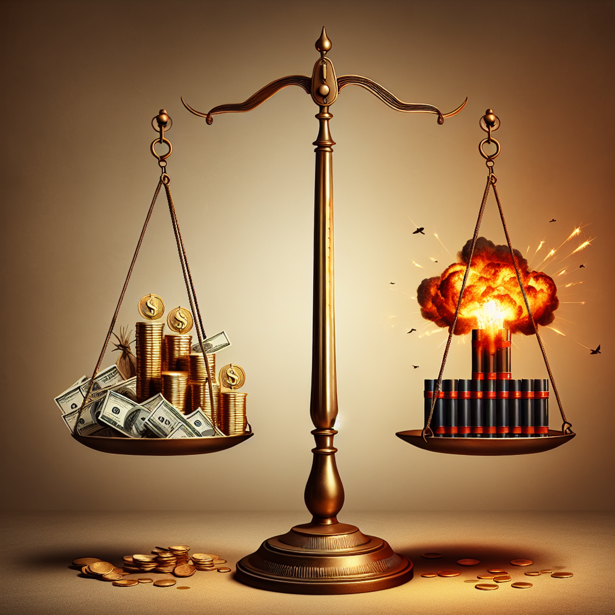 A balanced scale with gold coins on one side and exploding dynamite on the other.