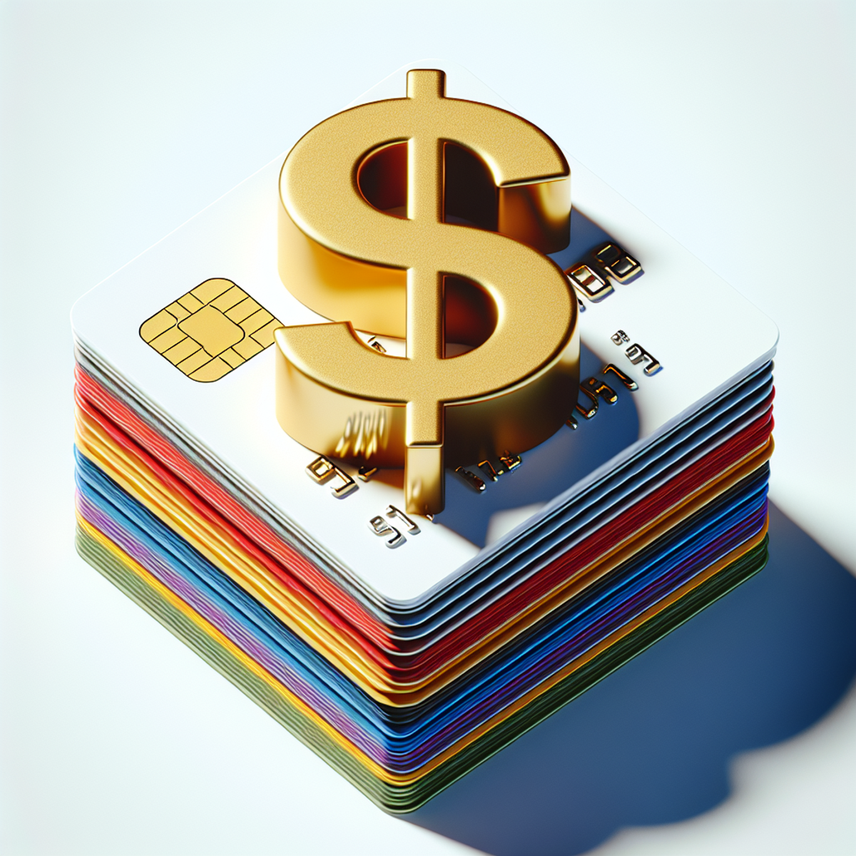 A shiny golden dollar sign atop a stack of colorful credit cards.