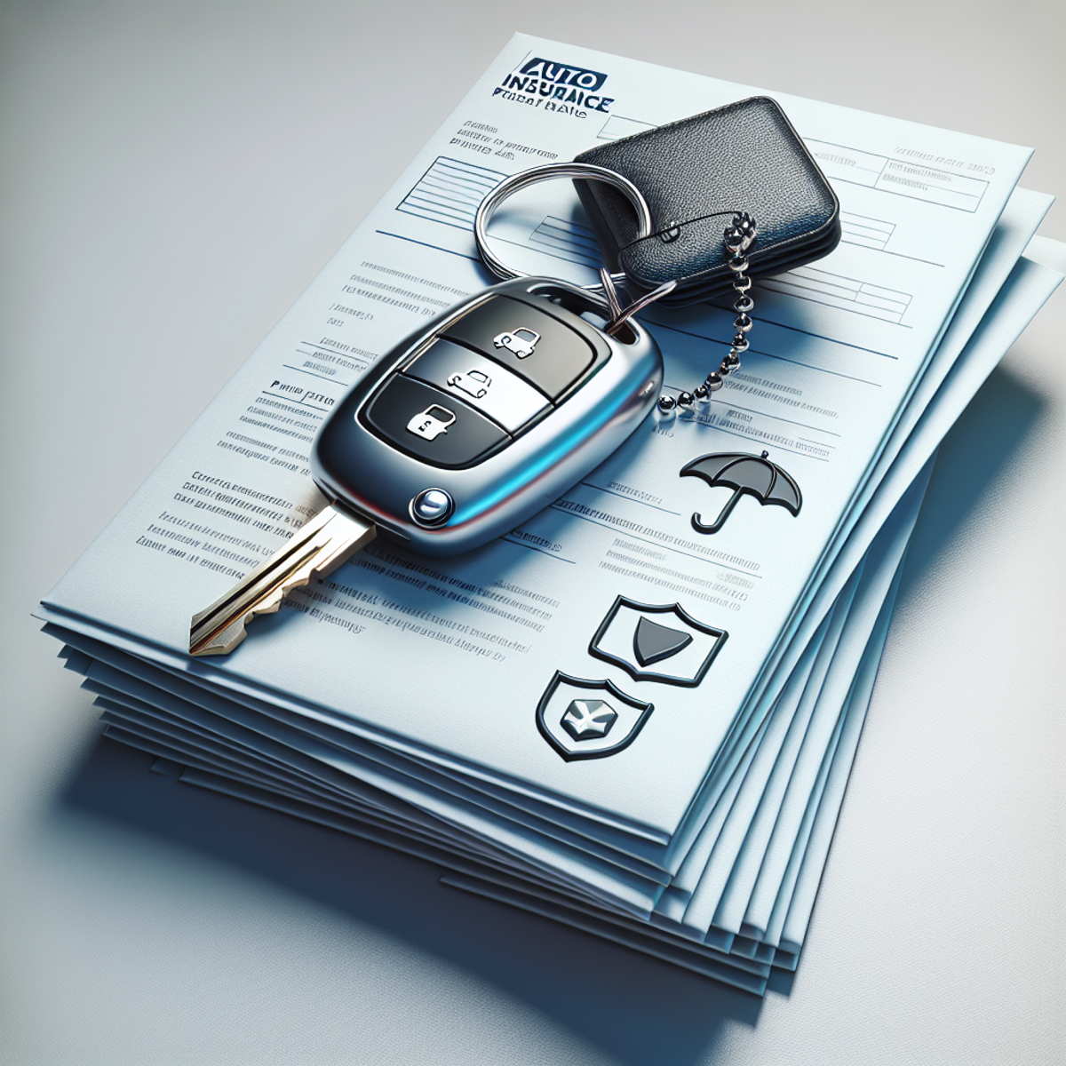 Shiny car key resting on top of insurance policy envelopes.
