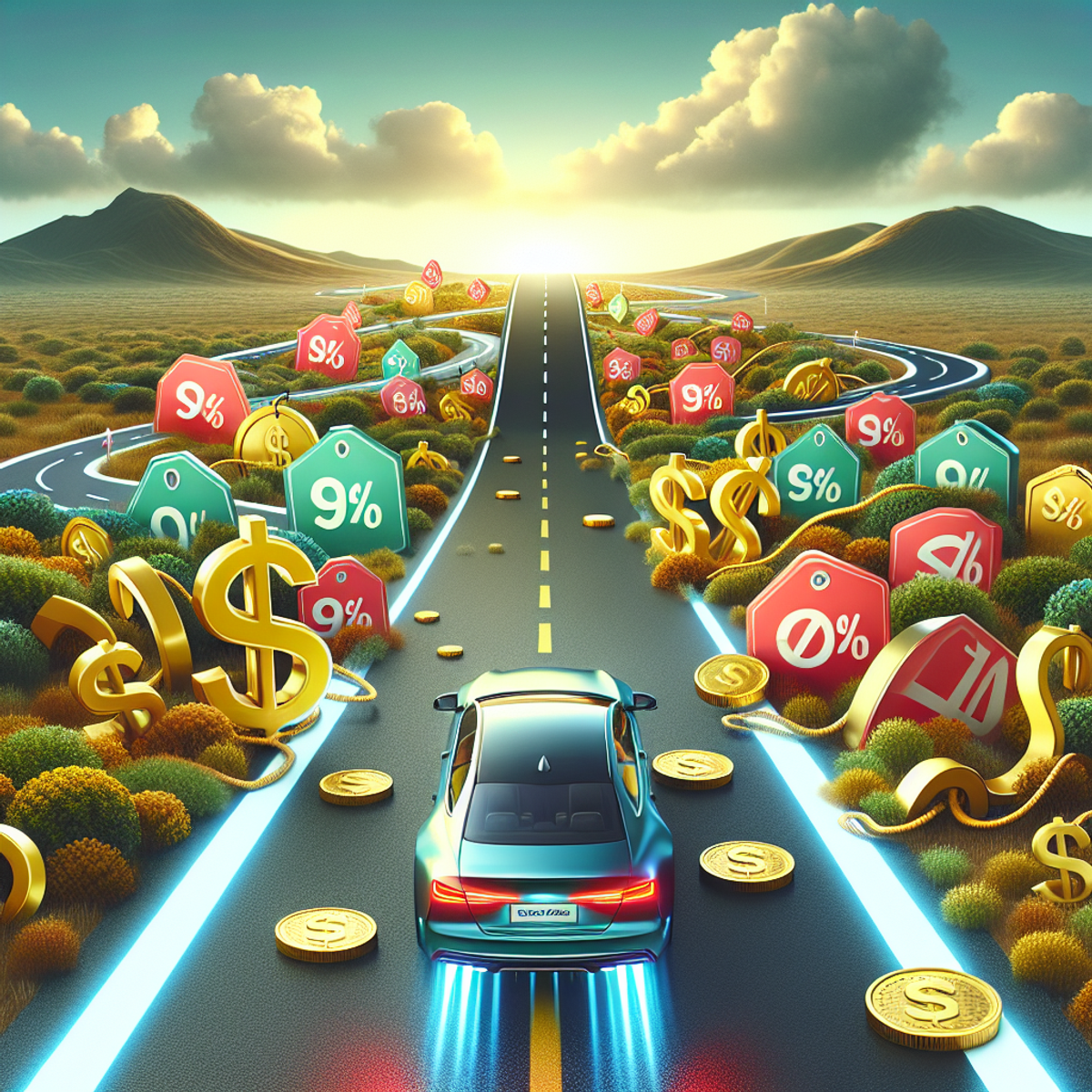 A car driving on a road surrounded by symbols of discounts and wealth.