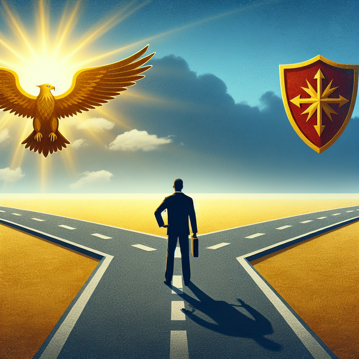 A person stands at a crossroads with a golden eagle on the left and a red shield on the right, symbolizing strength and protection.
