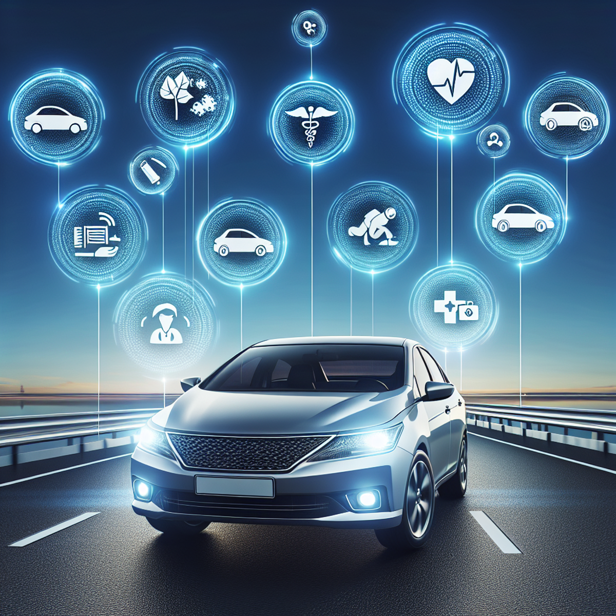 Symbols representing different types of car insurance coverages hovering above a car on a clear, blue highway.