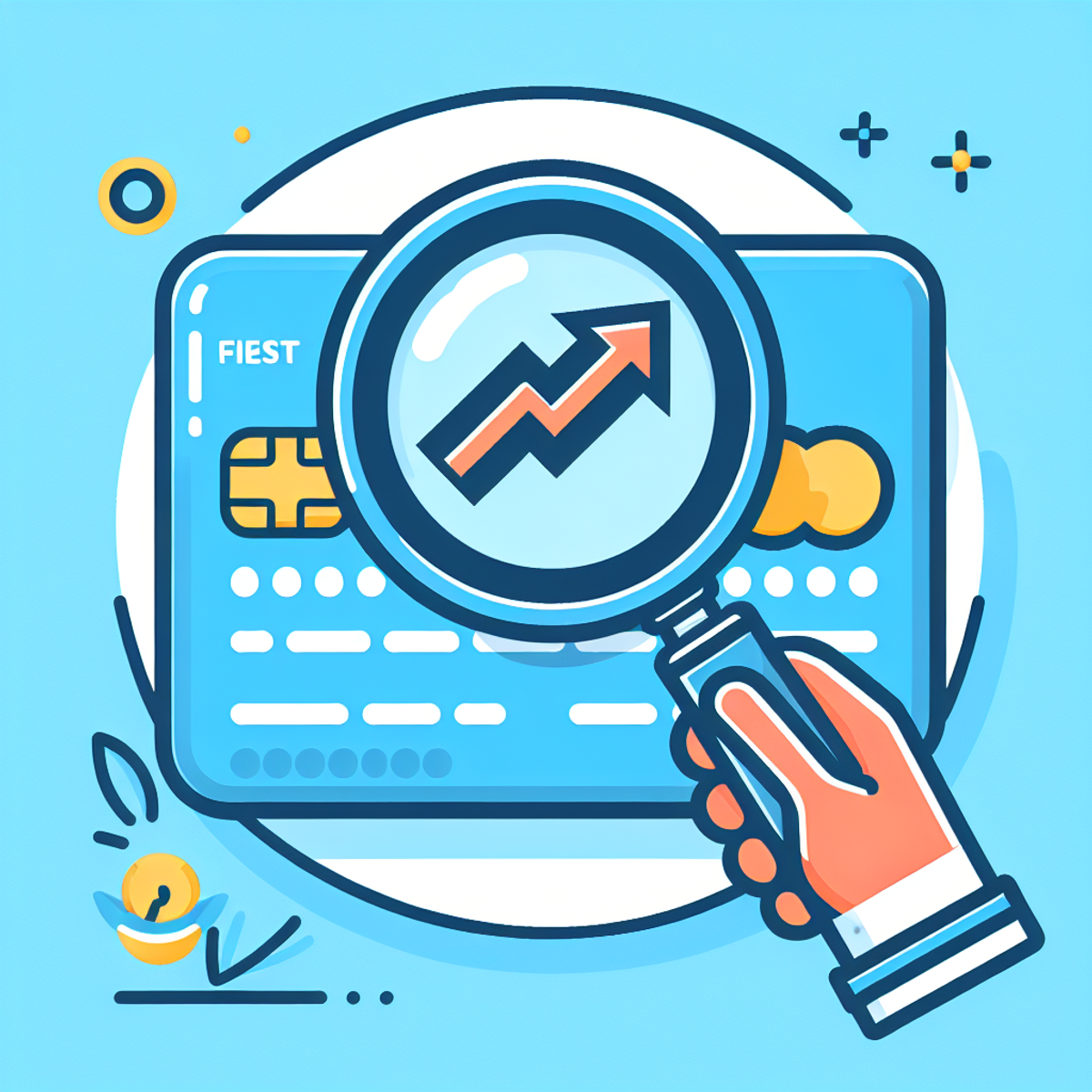 A magnifying glass over a credit card with arrows indicating growth and reduction.