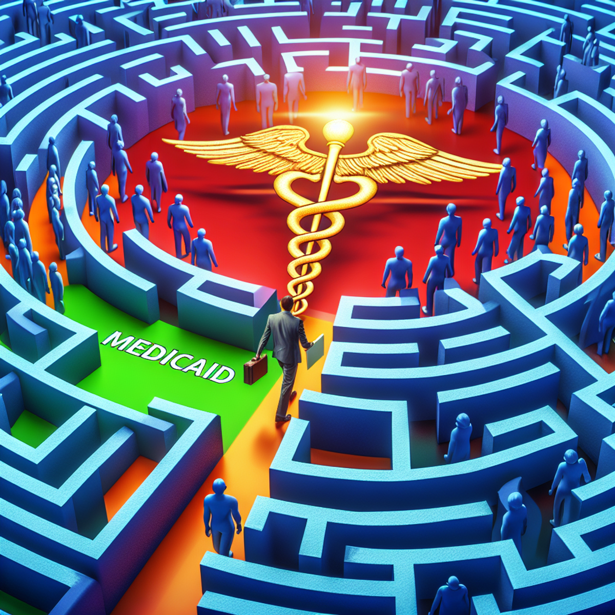 A person navigating a labyrinth with a healthcare symbol at the center.