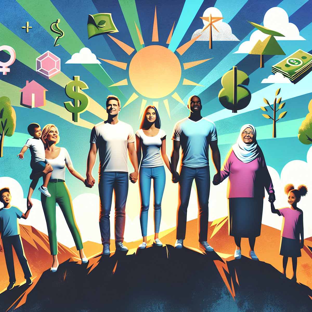 A diverse family standing on top of a mountain, holding hands, with symbolic elements of financial triumph in the horizon.