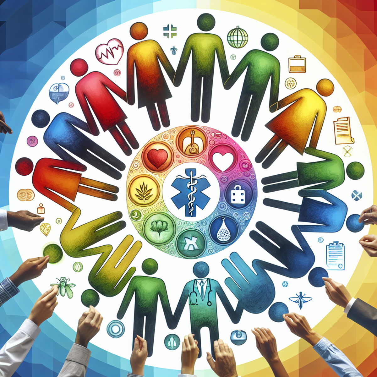 A circle of diverse individuals linked by hand, symbolizing unity and mutual support in healthcare.