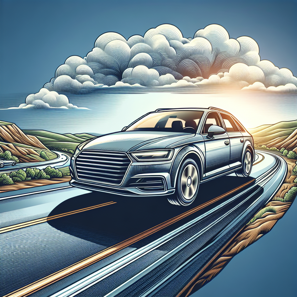 A sleek sports car speeding along a winding road with mountains in the background, evoking a sense of freedom and adventure.