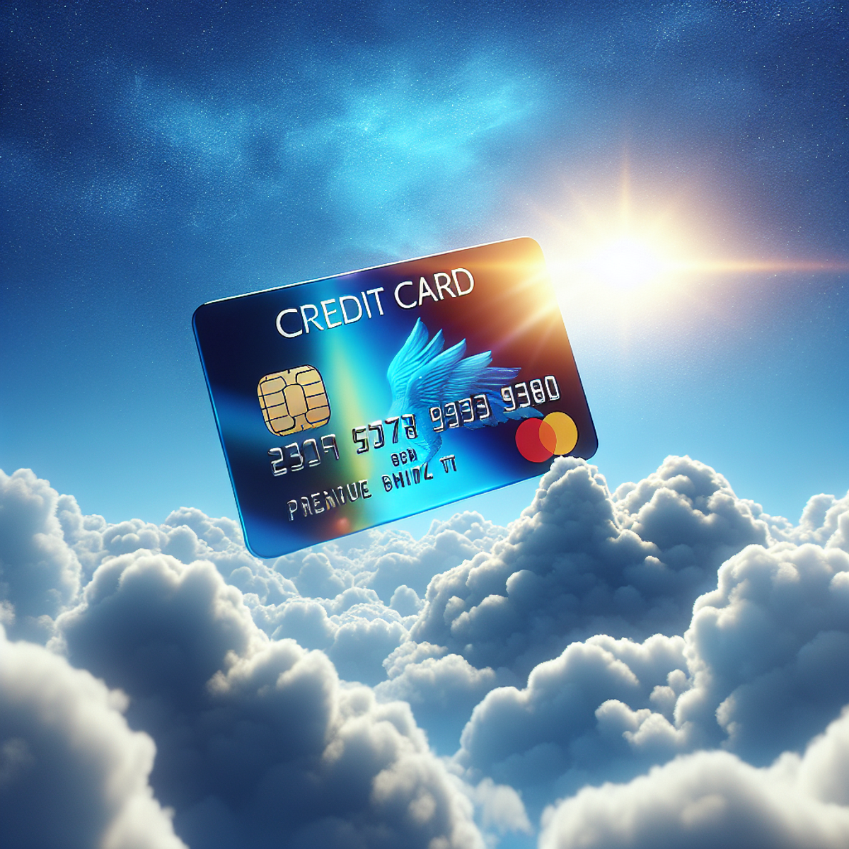 A shiny credit card soaring high in the azure sky with fluffy white clouds and the sun illuminating it.