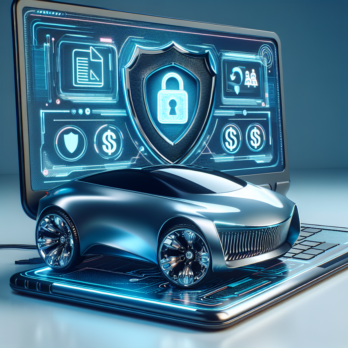 Futuristic car in front of laptop with insurance icons.
