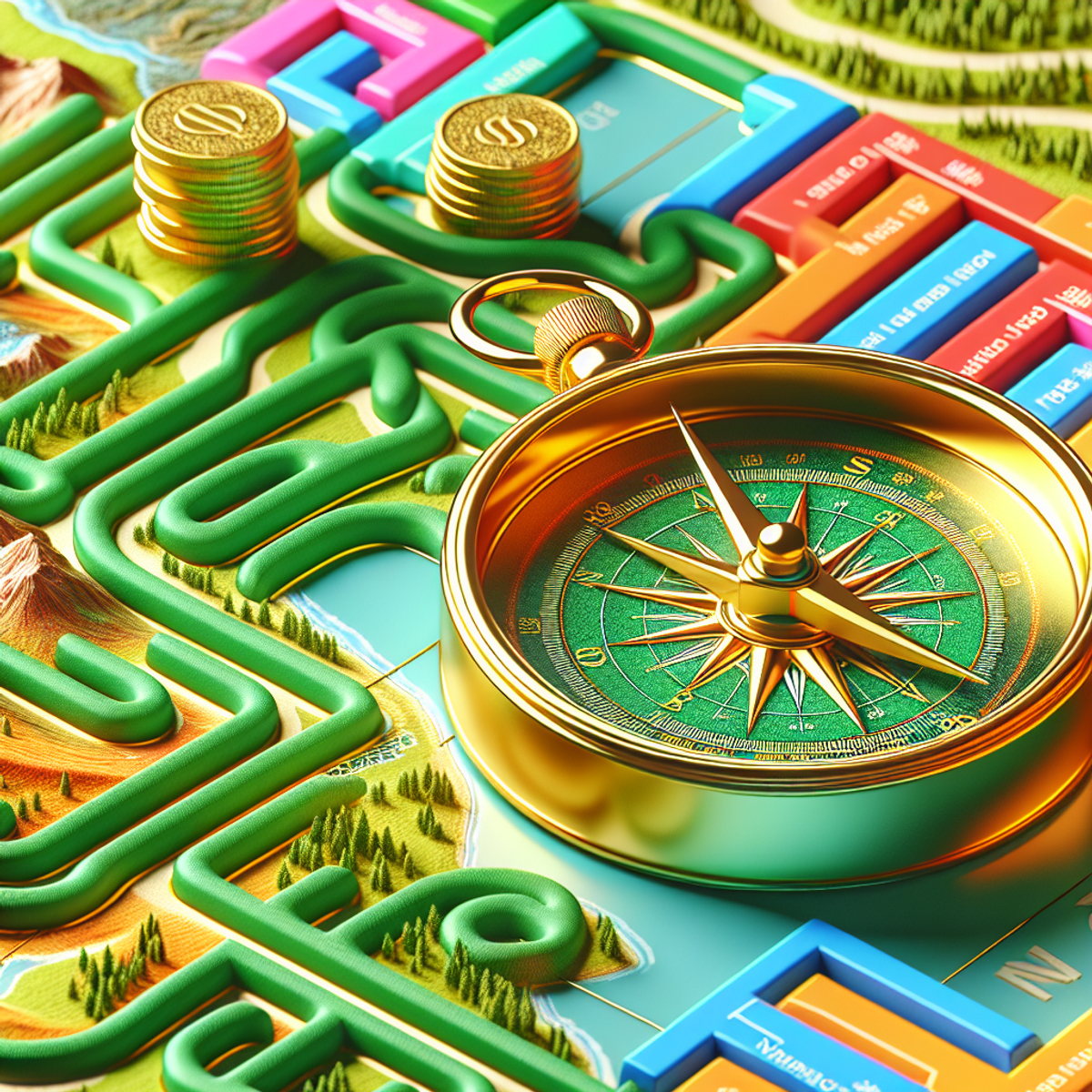 A golden compass resting on a vibrant, intricate financial roadmap.