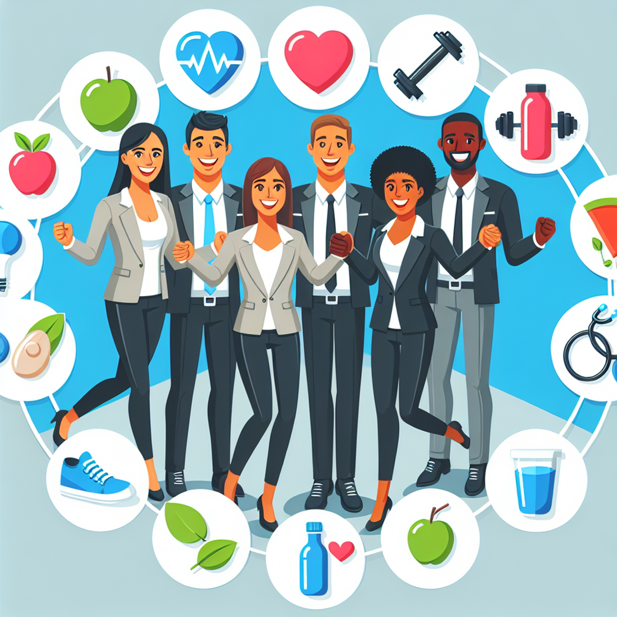 A diverse corporate team celebrating successful health program amidst health icons.