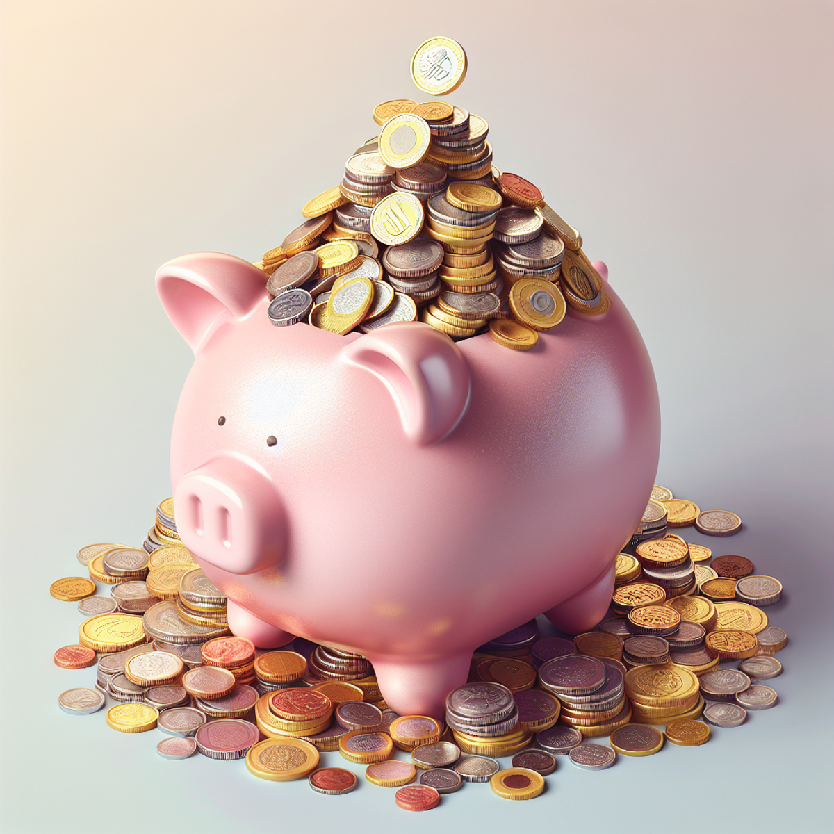 A piggy bank overflowing with coins from various currencies, symbolizing financial success and wealth accumulation.