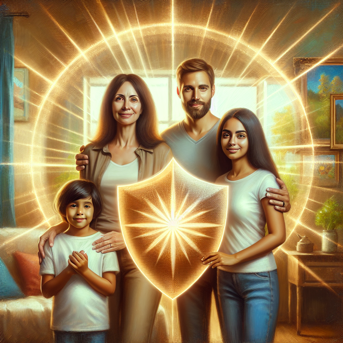 A diverse family of four standing together in front of a radiant, symbolic shield, surrounded by a peaceful, homely background.