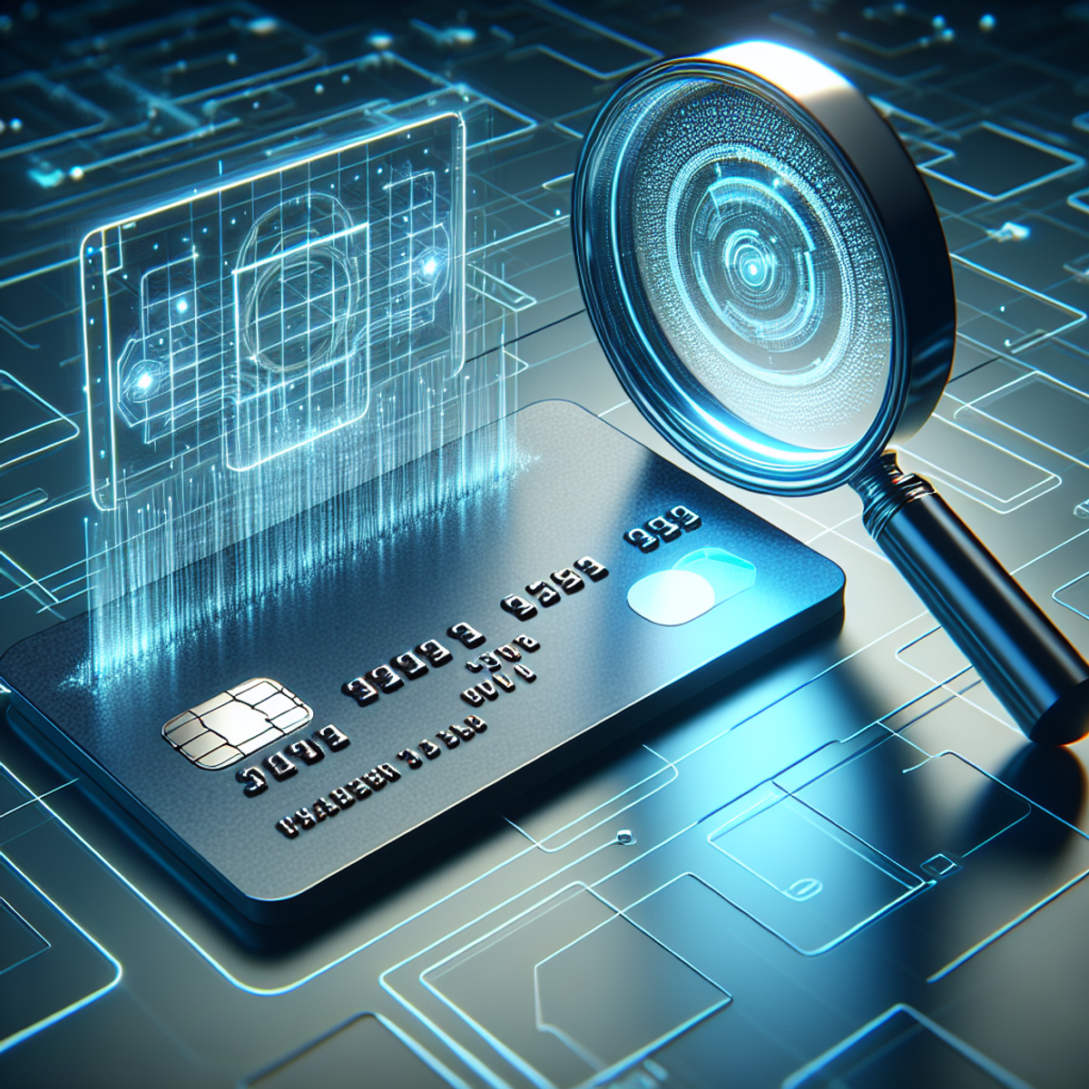 A sleek, silver contemporary credit card placed on a high-tech holographic surface with a modern magnifying glass emitting a futuristic glow.
