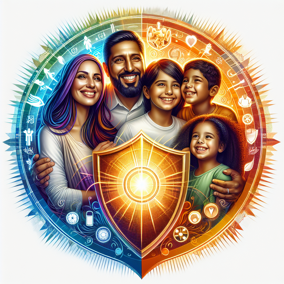 A diverse family smiling and standing together within a glowing shield.