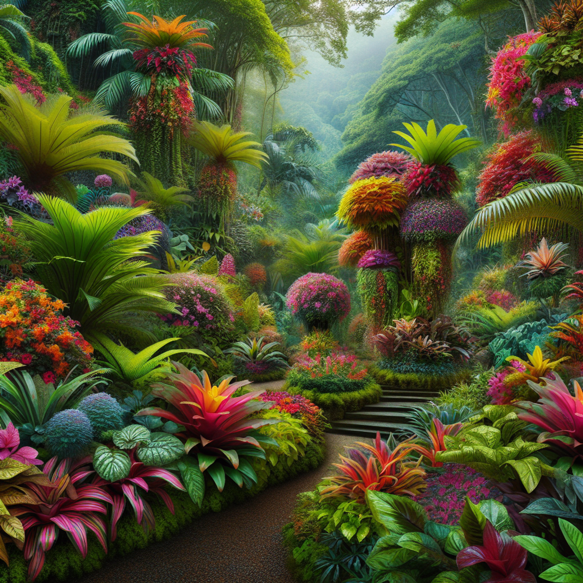 Vibrant tropical garden with colorful flowers and exotic plants.
