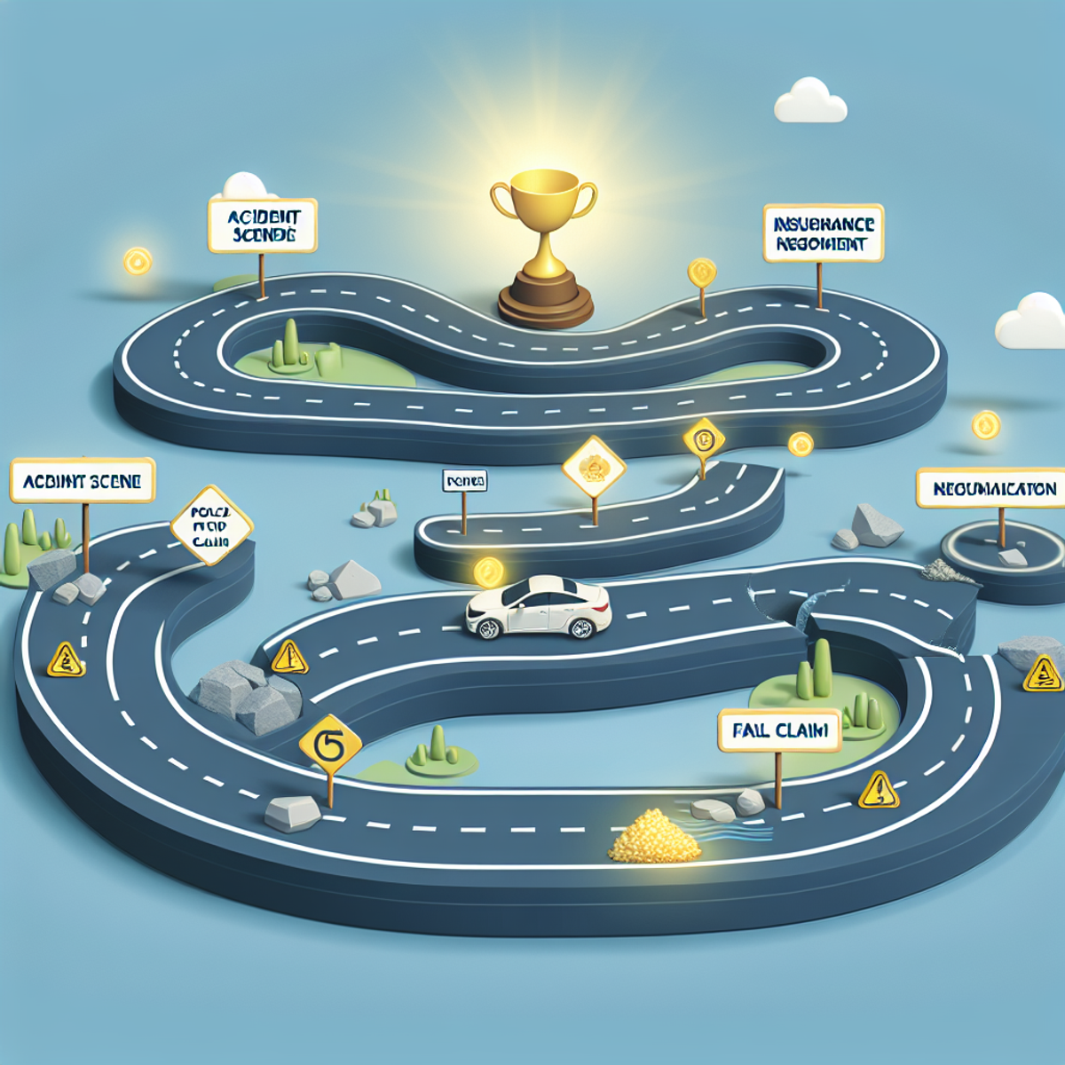Abstract illustration of successful car insurance claim journey with winding road, pit stops, and golden cup at the end.