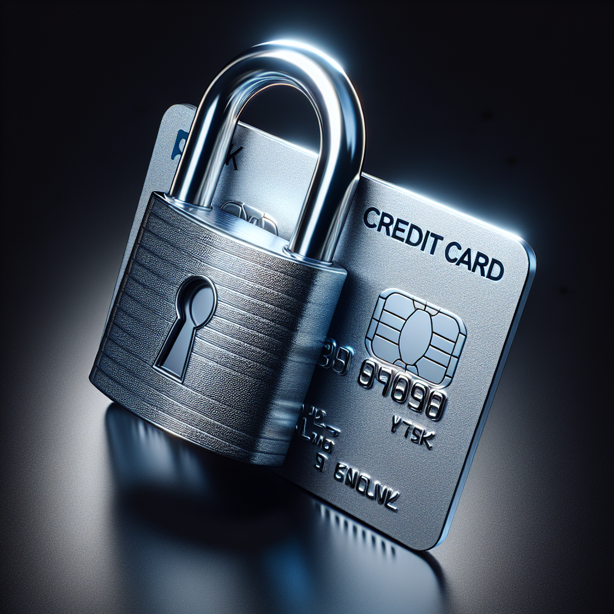 A close-up photo of a shiny steel padlock protecting a metal credit card, with a dynamic shine reflecting off both the padlock and the card.