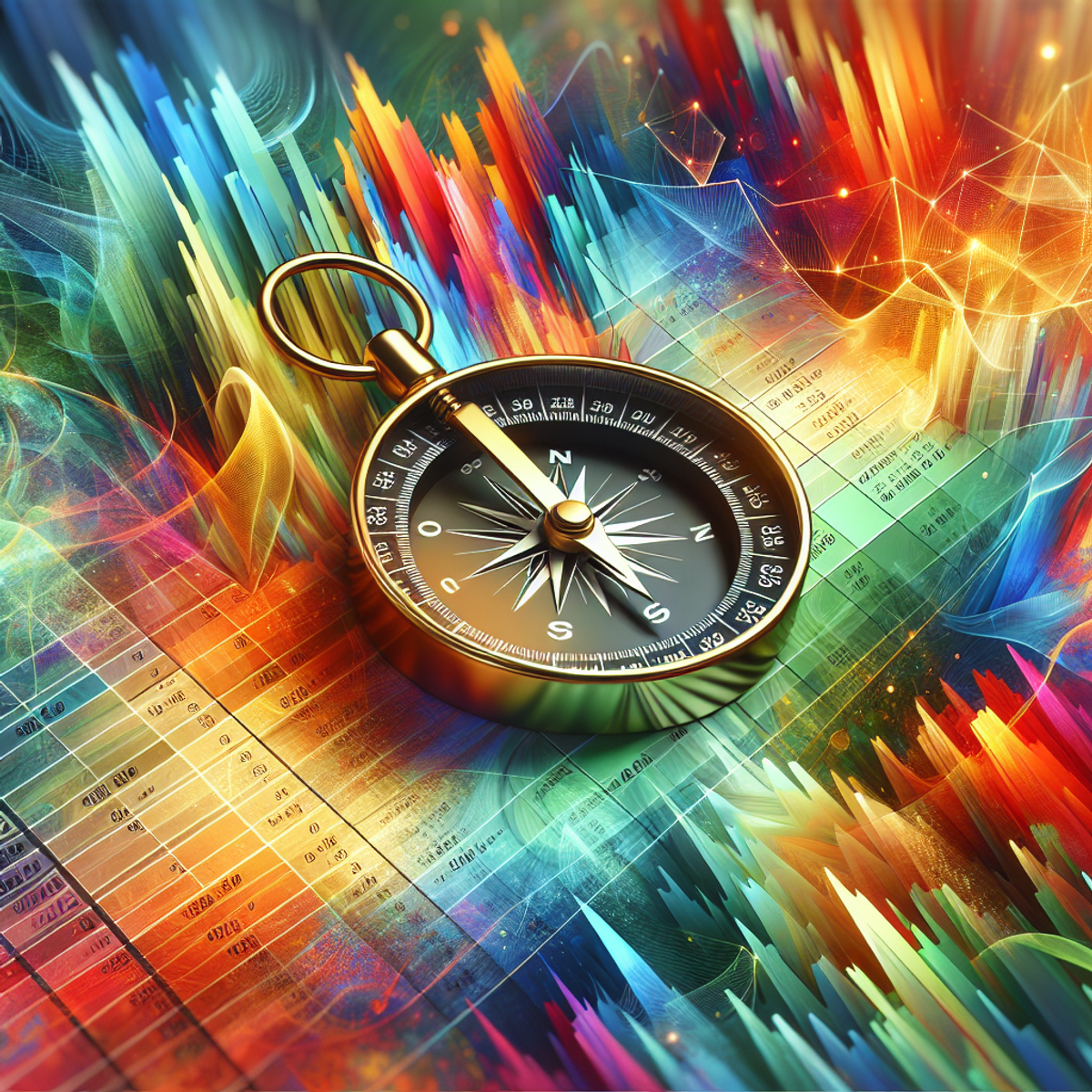 A brass compass resting on a colorful abstract financial spreadsheet.