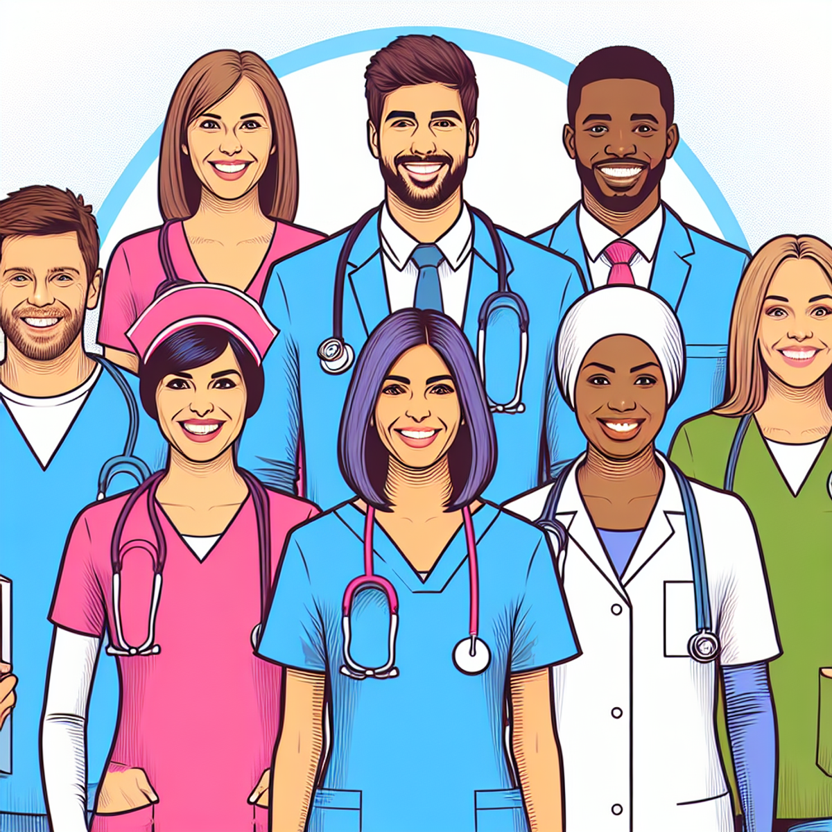 A diverse group of healthcare providers smiling and walking together, representing unity and personalized care.