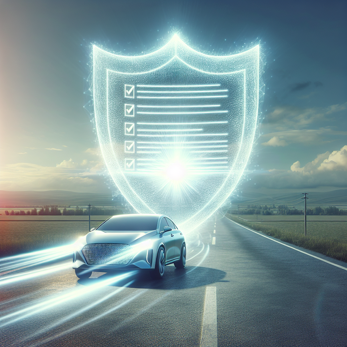 A car with a luminous shield driving on a road, accompanied by a large checklist.