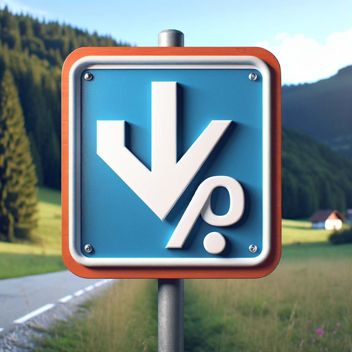 Road sign with arrow pointing down to percentage icon in countryside