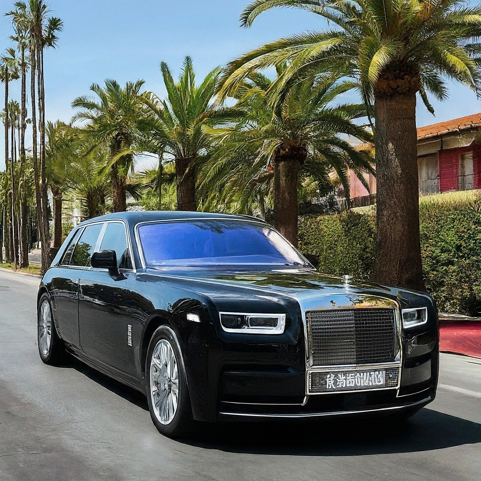 A large silver car parked in front of a tall white building.