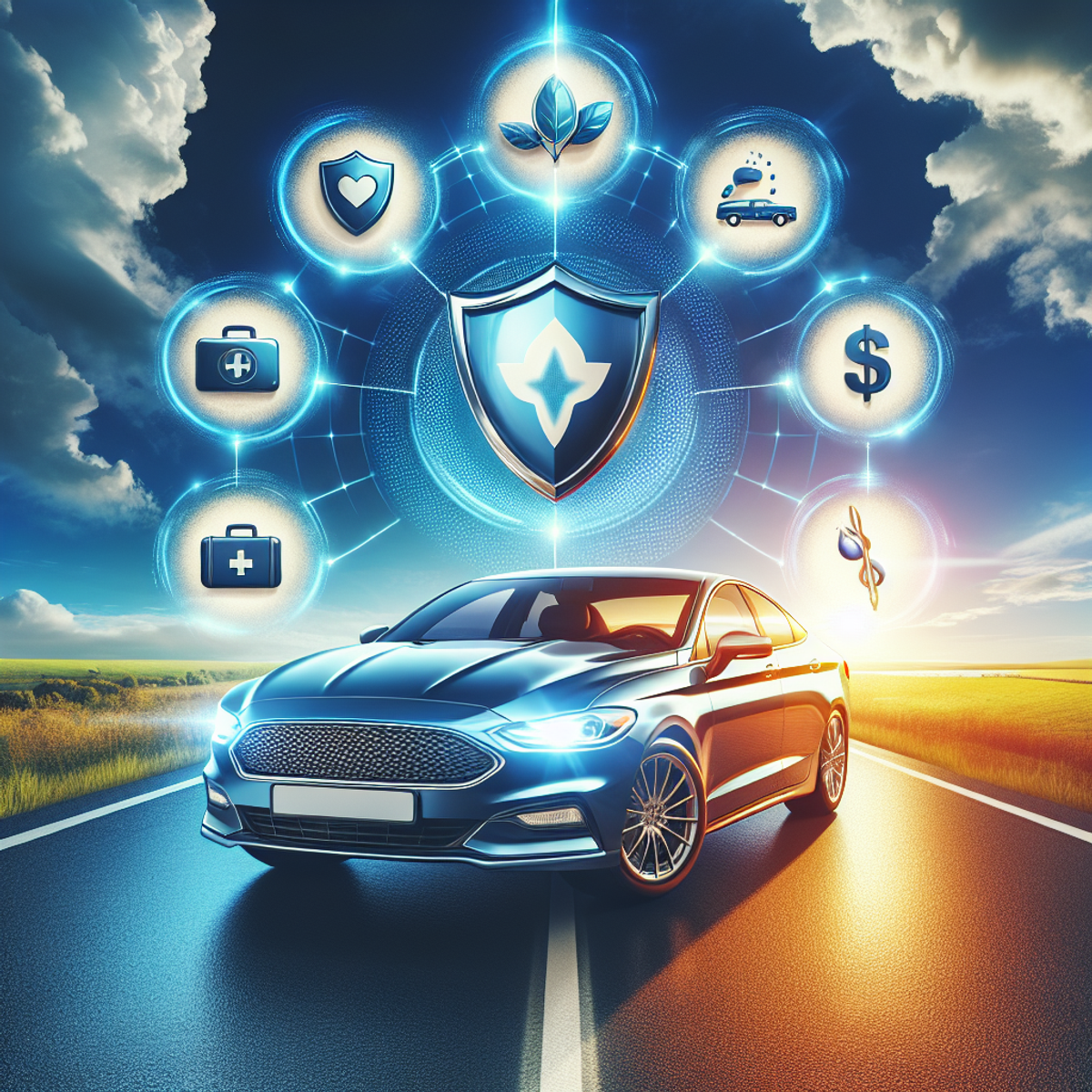 A gleaming car on an open road with symbolic icons representing different insurance coverage types.