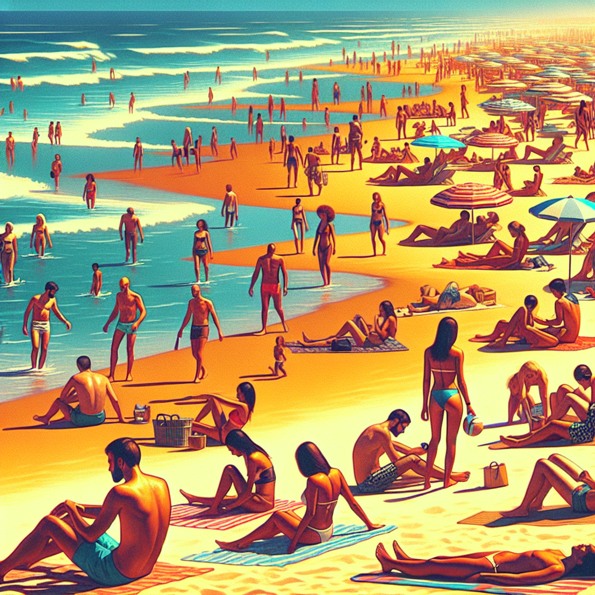 A sunny beach scene with a diverse group of people enjoying the sun, sand, and water.