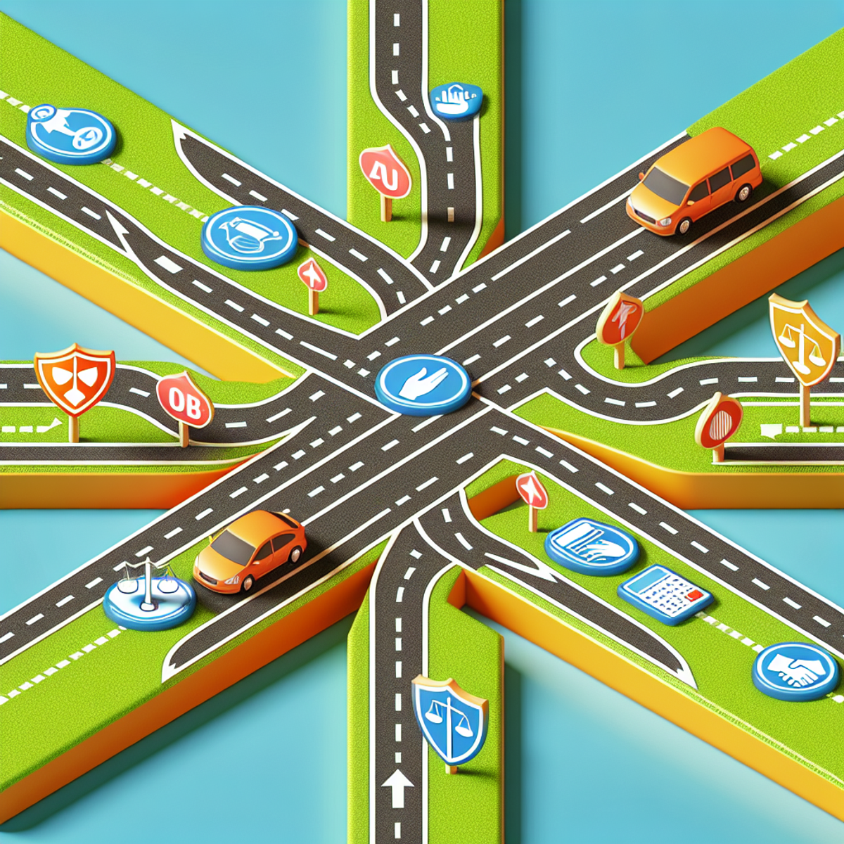 A colorful and vibrant crossroads intersection with symbolic representations of car insurance elements along the roads.