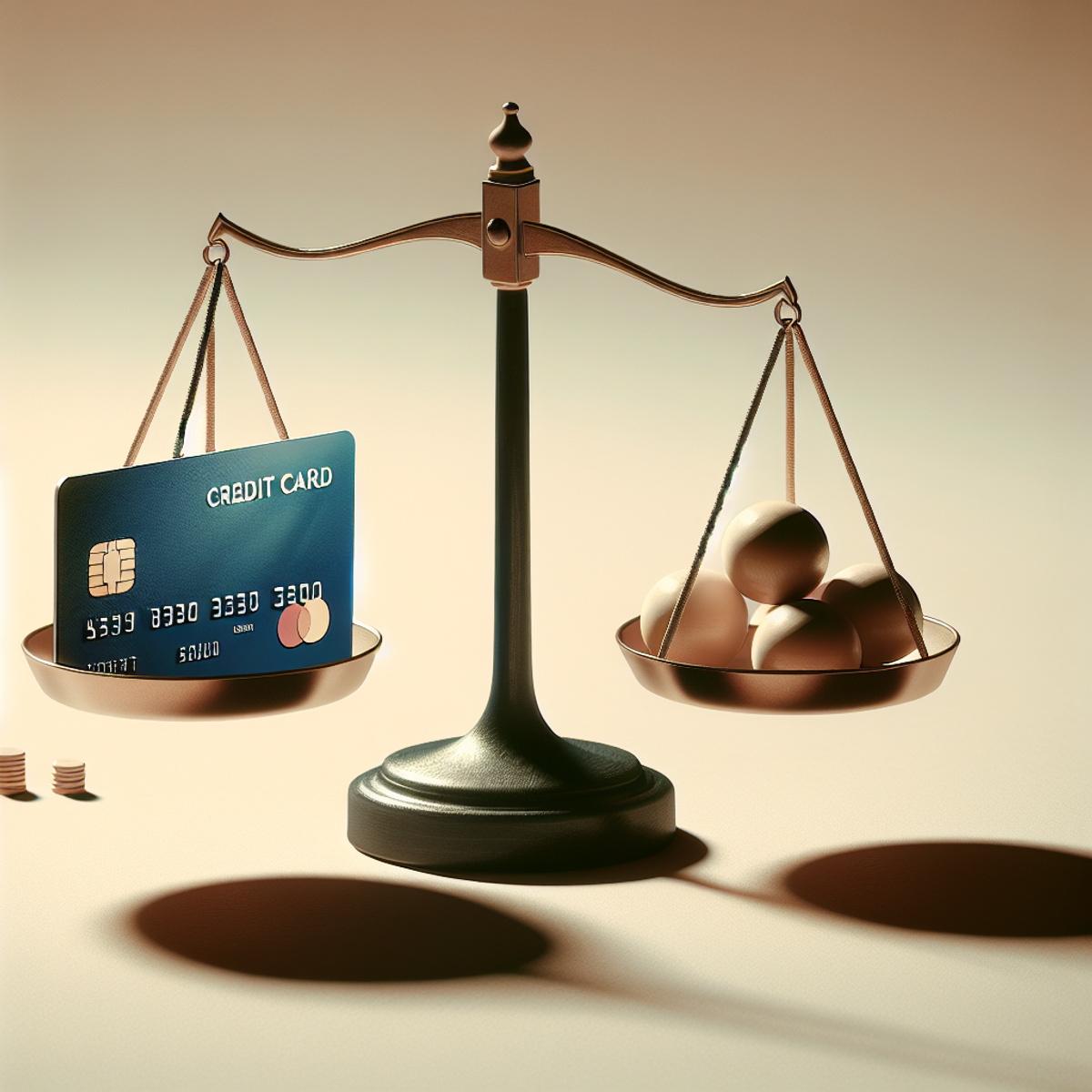 A credit card delicately balanced on a scale with simple weights on the other side.