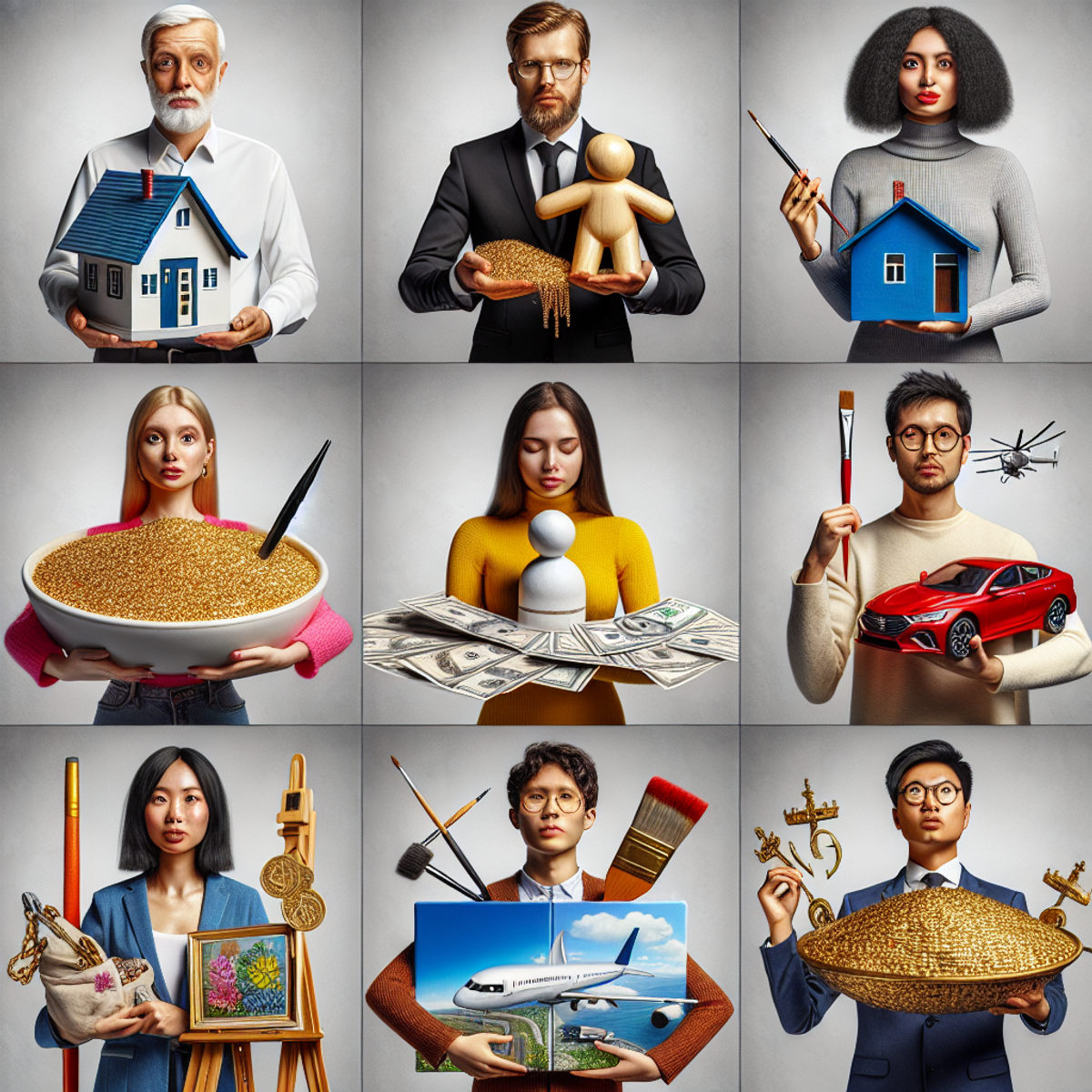A diverse group of people representing various types of insurance policies through symbolic objects.