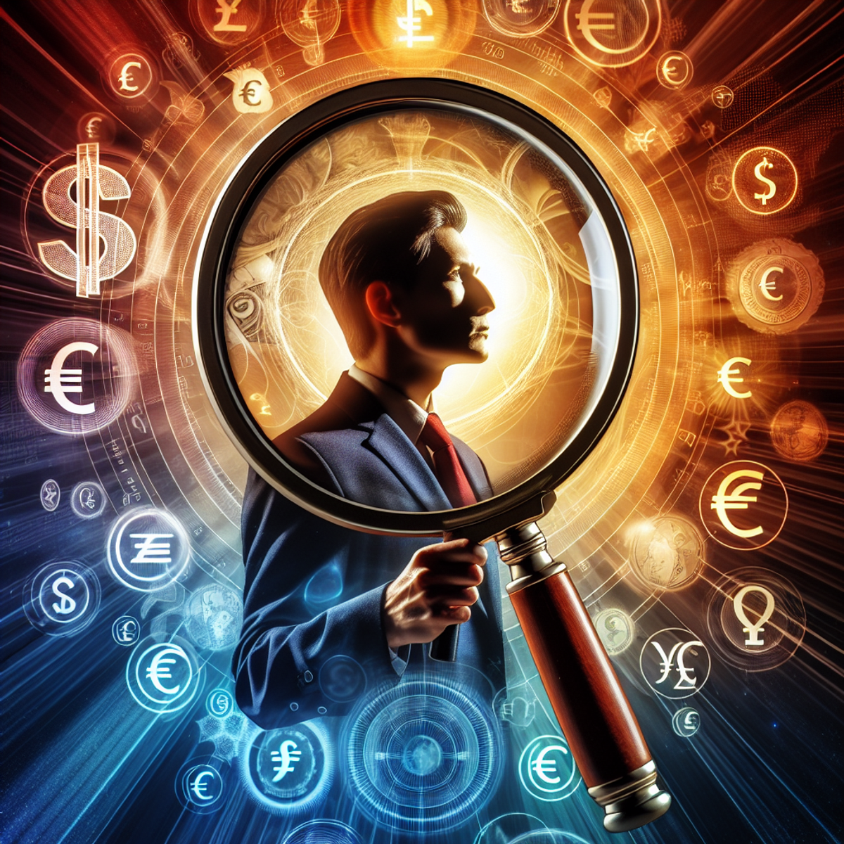 A person of South Asian descent in mid-adulthood holds a large magnifying glass surrounded by financial symbols and icons, creating a scene of intense financial scrutiny.