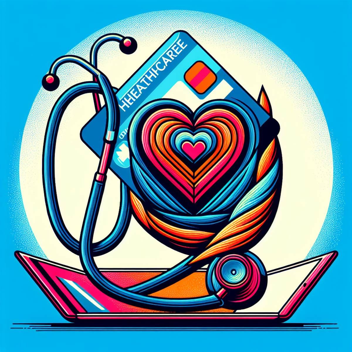 A vibrant healthcare card is embraced by a heart and stethoscope, symbolizing the relationship between healthcare coverage and Medicaid.