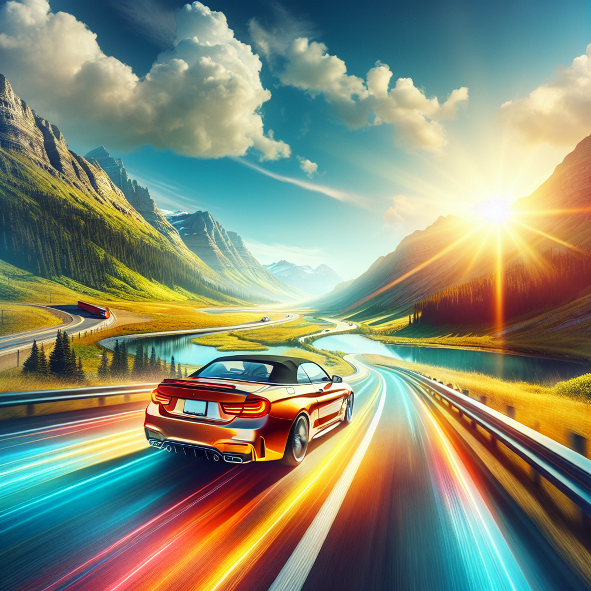 A car speeding joyfully down a beautiful scenic roadway with mountains on either side and a clear blue sky above.